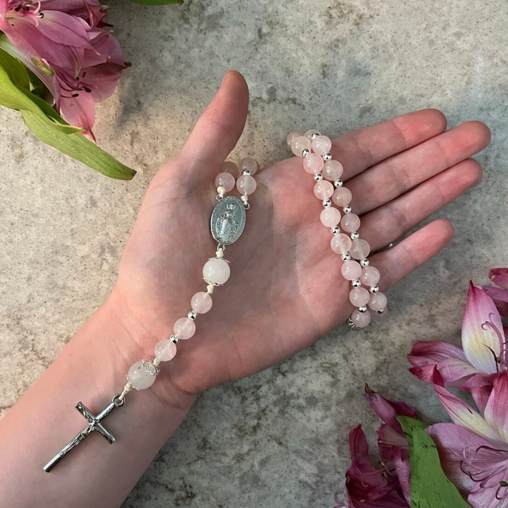 Handmade Catholic Rosary | Silver, Rose Quartz, Angelite | Gemstone Cord Rosary
